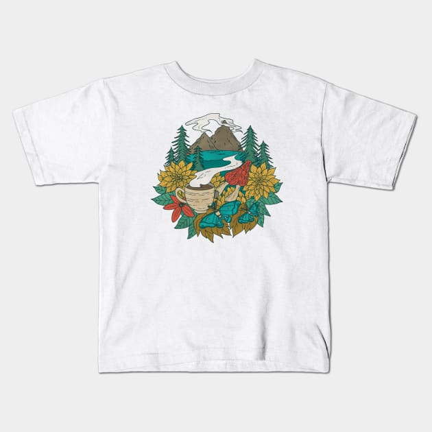 Pacific Northwest Coffee and Nature Kids T-Shirt by Tamara Lance